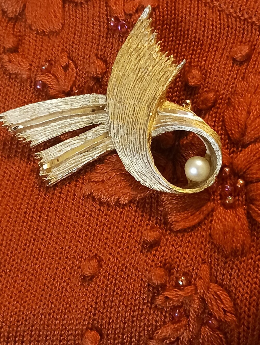Vintage 1960s Monet Sweater Brooch, Faux Pearl Accent
